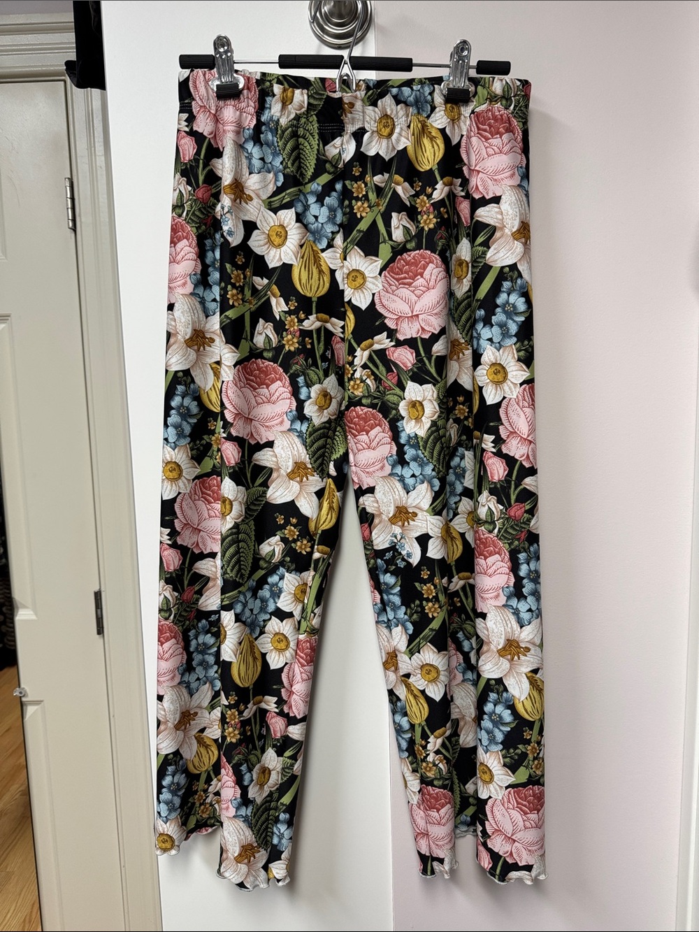 Black Floral Elastic Waist Pants with Pink, White, Blue & Yellow Blooms, Med